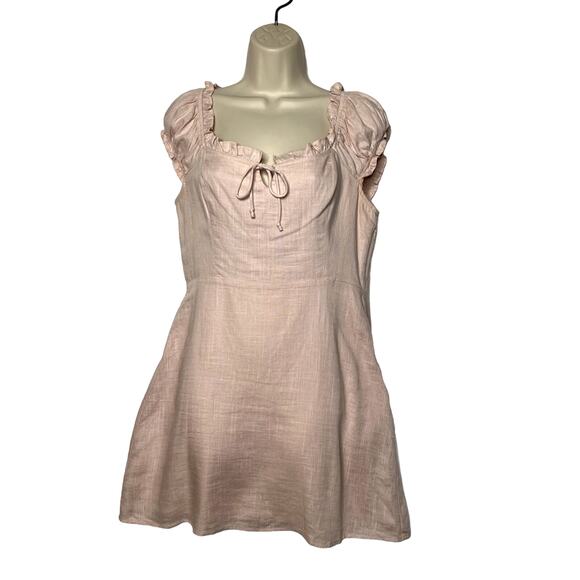 Native Daughters Cap Sleeve Tie Front Smocked Linen Blend Mini Dress Pink Large - Picture 1 of 8